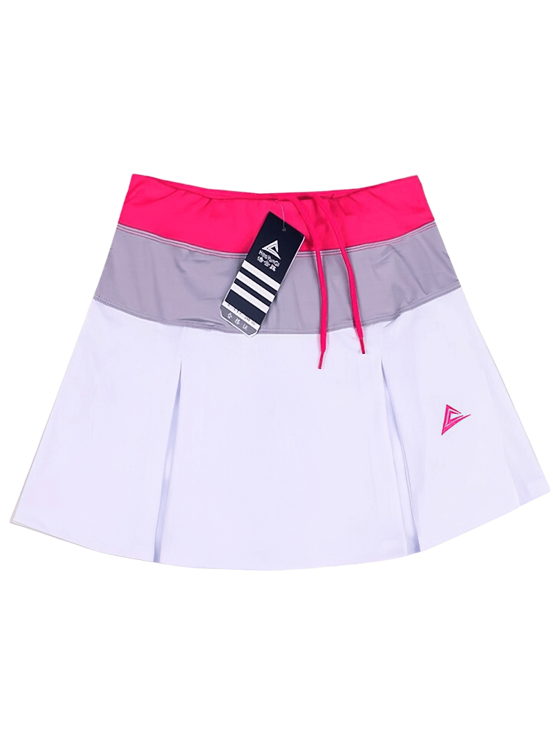 Women's breathable tennis skirt-shorts in pink, gray, and white with a pocket, perfect for sports like tennis and running.
