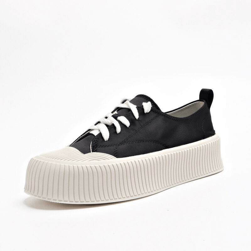Women's casual lace-up flat sole sports shoes SF1008 in black with white laces and thick rubber sole, side view.