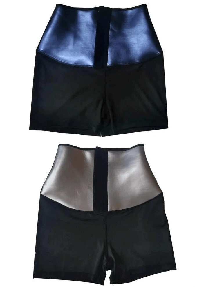 Women's compression sports shorts with sauna effect in black, featuring a high waist and shiny panels for flexibility and mobility.