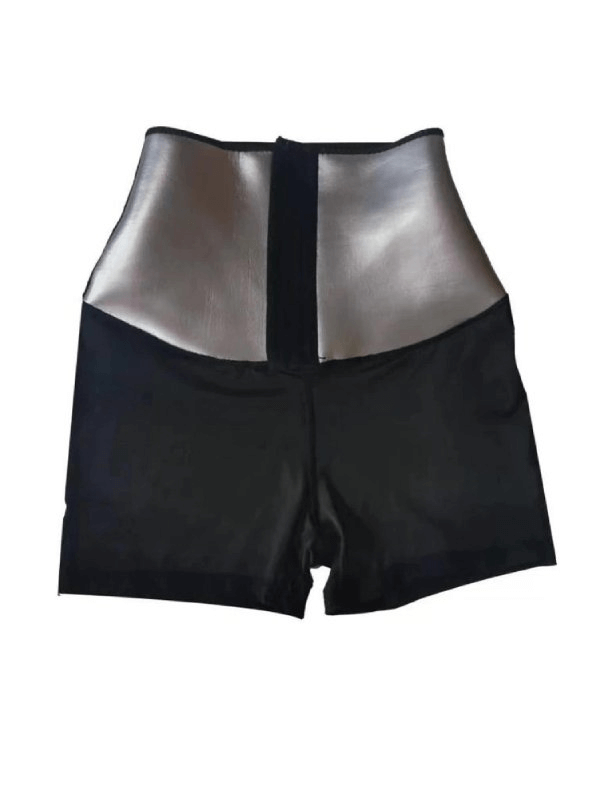 Women's high-waisted compression sports shorts with sauna effect, featuring a sleek black design for enhanced mobility and comfort.