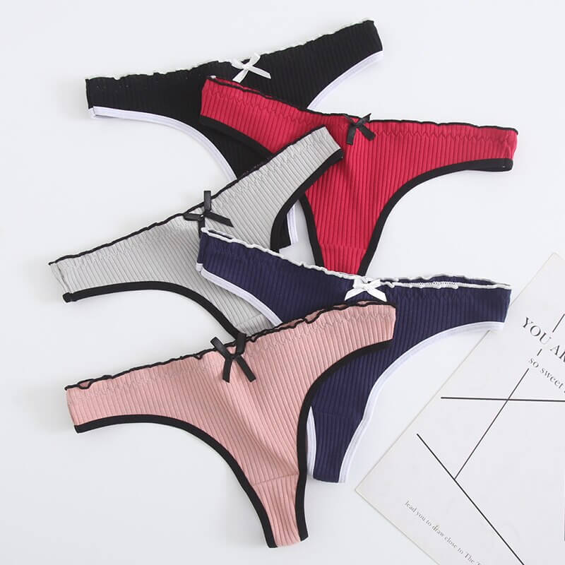 Women's low-rise T-back G-string panties in assorted colors with bow detail, breathable cotton, and elastic comfort fit.