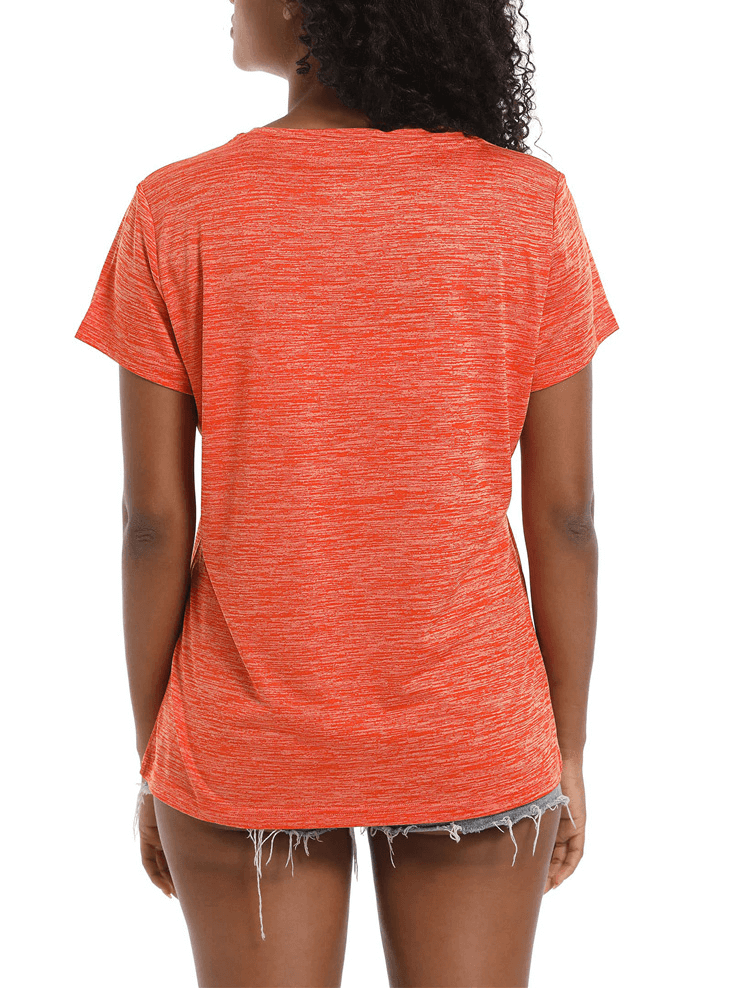 Back view of Women's Crew Neck Lightweight Short Sleeves T-shirt in vibrant orange, showing the relaxed fit and casual style.