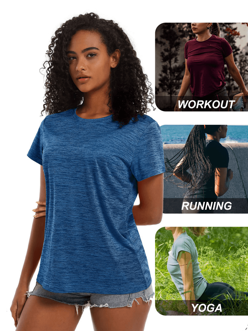 Women's blue crew neck T-shirt, perfect for workouts, running, and yoga. Lightweight fabric with a timeless solid color pattern.