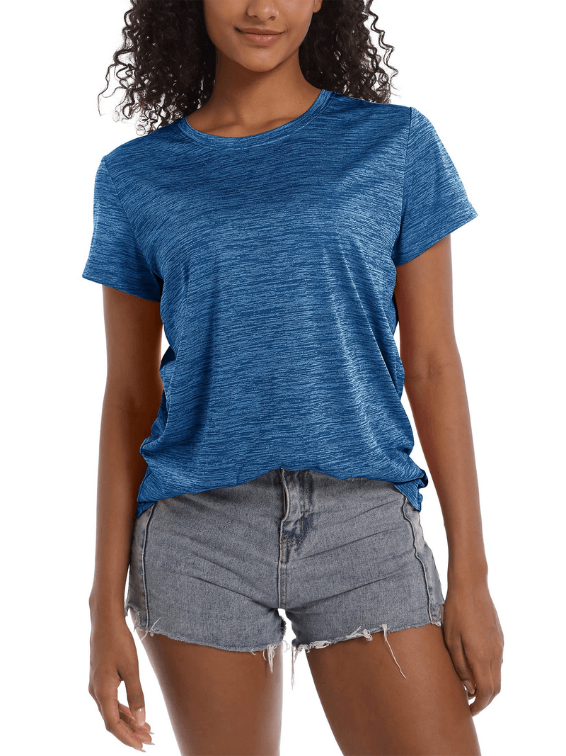 Women's crew neck lightweight t-shirt, blue, with short sleeves, perfect for summer; casual and comfortable fit, model wearing.