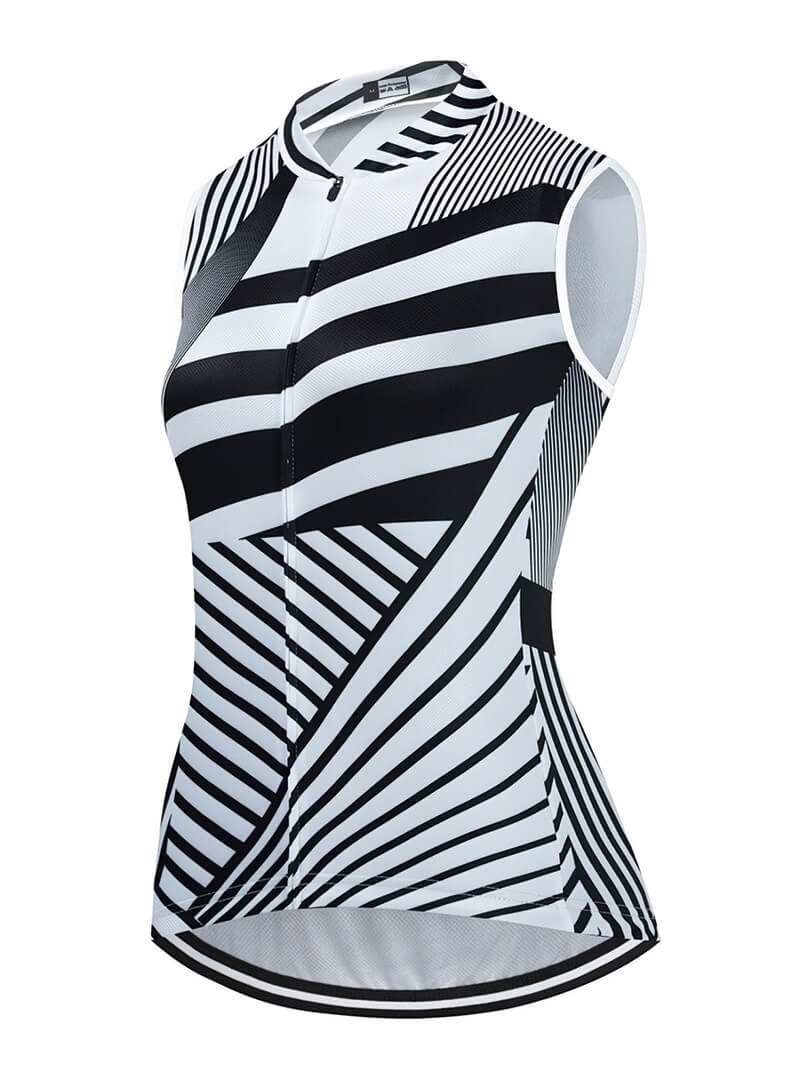 Women's cycling vest with black and white geometric pattern, breathable mesh panels, and UPF 50+ UV protection, style SF0430.
