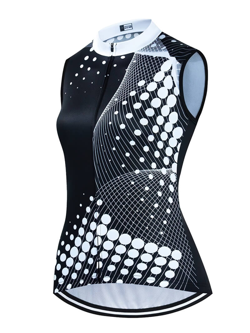 Stylish women's cycling vest with breathable mesh, UV protection, featuring modern black and white geometric design, SKU: SF0430.