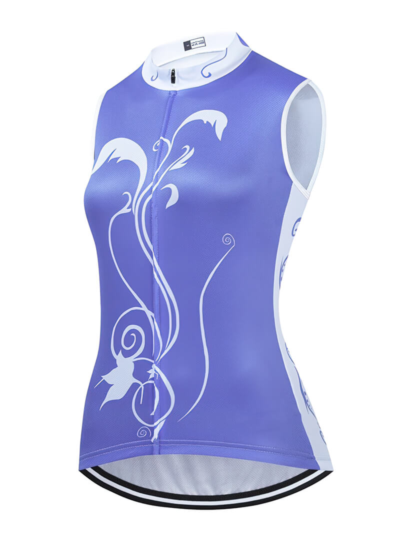 Women's cycling vest in purple with white floral design, featuring breathable mesh and UPF 50+ UV protection.