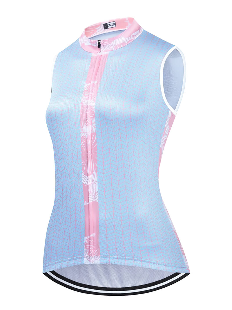 Stylish women's cycling vest with breathable mesh and UV protection, featuring a pink and blue pattern for outdoor adventures.