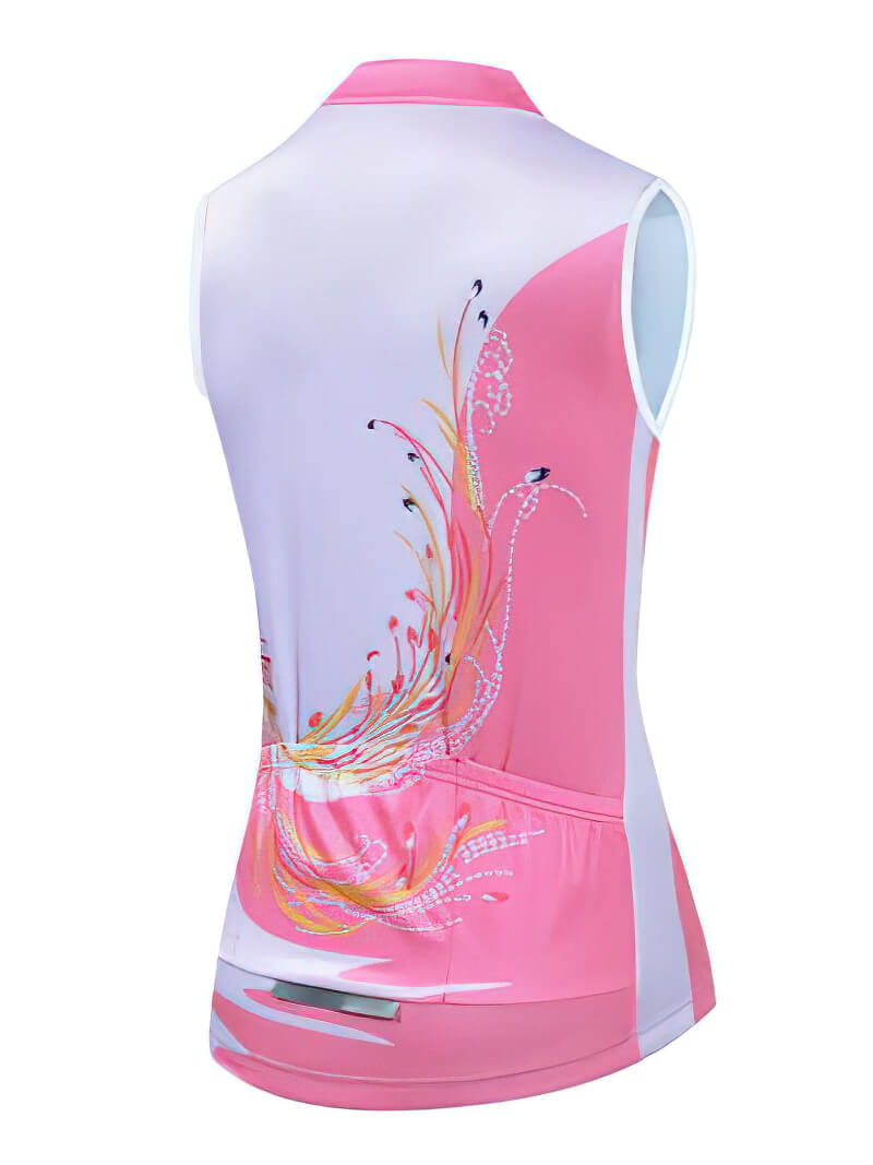 Back view of women's pink cycling vest with mesh, UV protection, and vibrant design, perfect for a stylish and safe biking adventure.