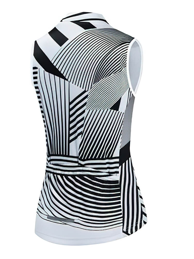 Women's black and white cycling vest with breathable mesh, UV protection, designed for comfort and visibility on rides.
