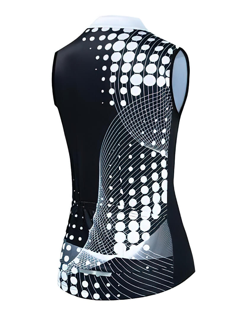 Women's cycling vest with breathable mesh, UV protection, and reflective elements. Stylish black and white design, ideal for cycling adventures.
