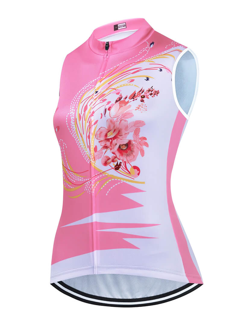 Women's pink cycling vest with floral design, breathable mesh panels, and UV protection, perfect for sporty adventures.