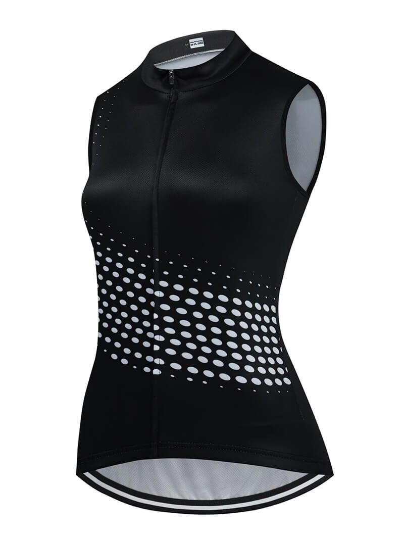 Women's cycling vest with breathable mesh, UV protection, and reflective design in black and white, product code SF0430.