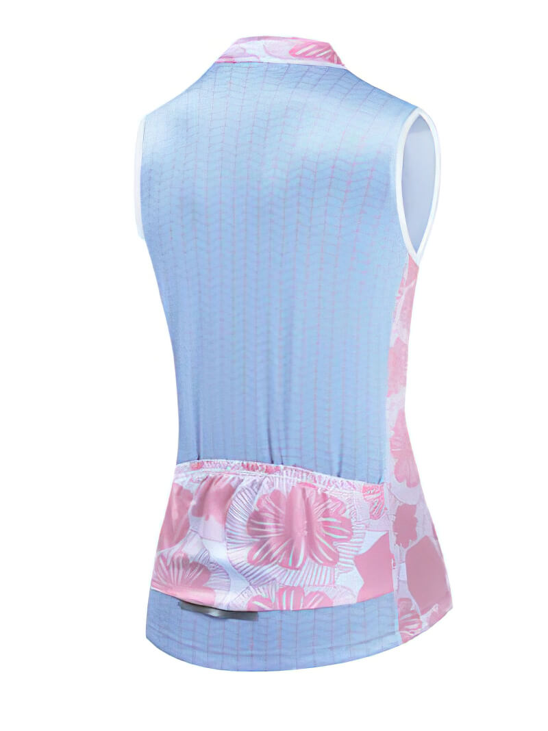 Blue and floral women's cycling vest with breathable mesh back and UV protection.