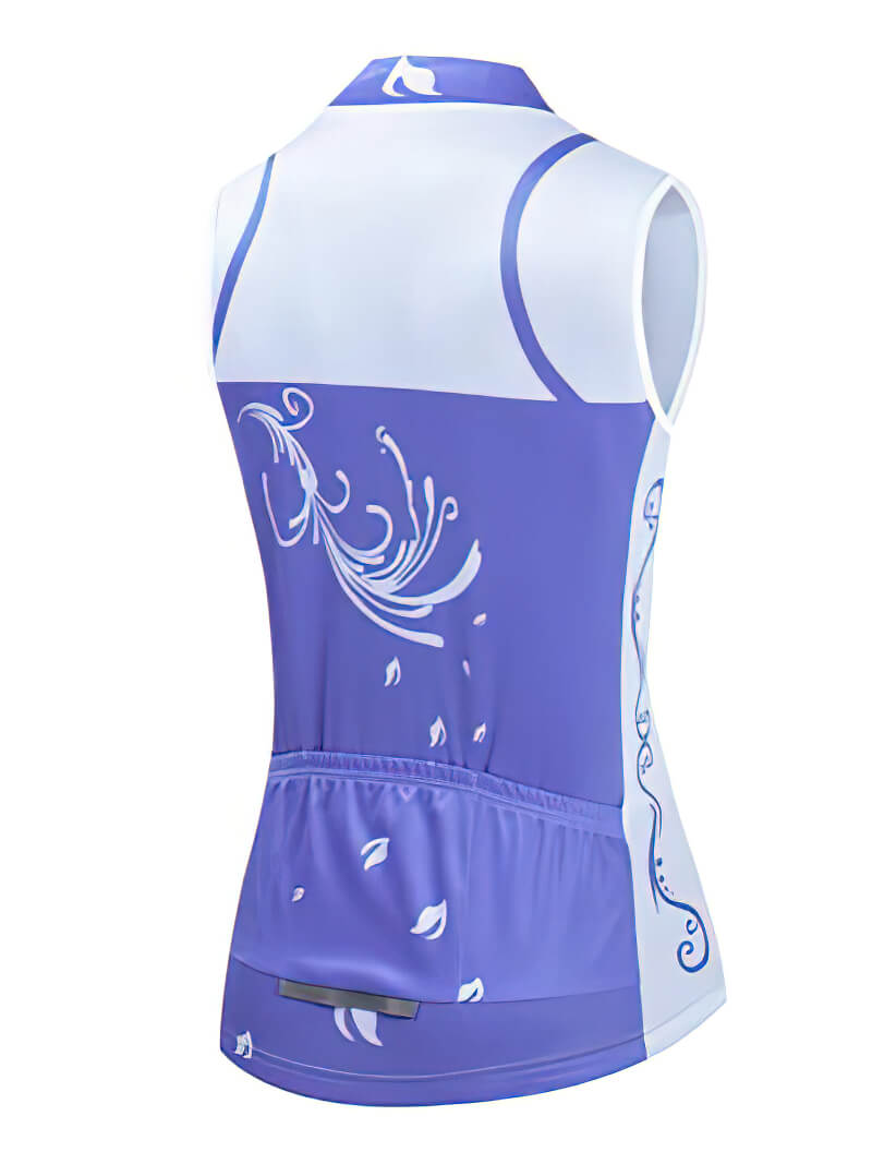 Women's purple cycling vest with breathable mesh, UV protection, and reflective design.