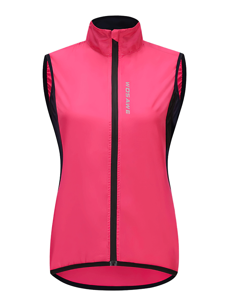 Women's red windproof cycling vest with breathable material and reflective logo, enhancing safety and comfort during rides.