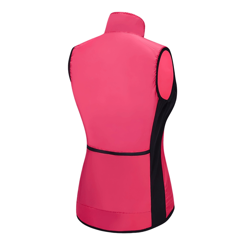 Women's red cycling windproof vest with reflective logo, breathable polyester fabric, and black accents. Ideal for biking safety and comfort.