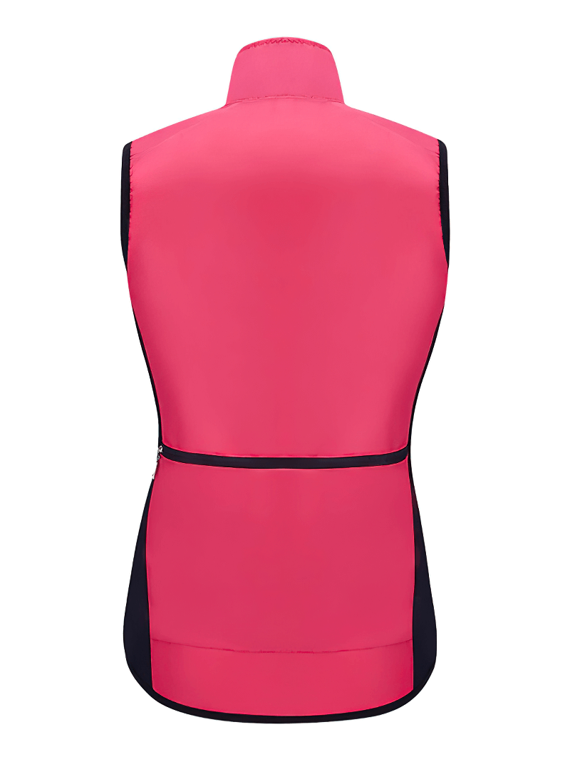 Women's cycling windproof vest in red with reflective logo, breathable and durable design for biking safety and comfort.