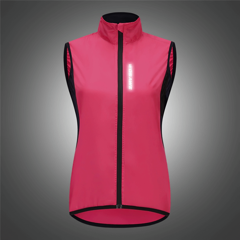 Women’s red cycling windproof vest with reflective logo, breathable and anti-pilling design, perfect for safe and comfortable biking.