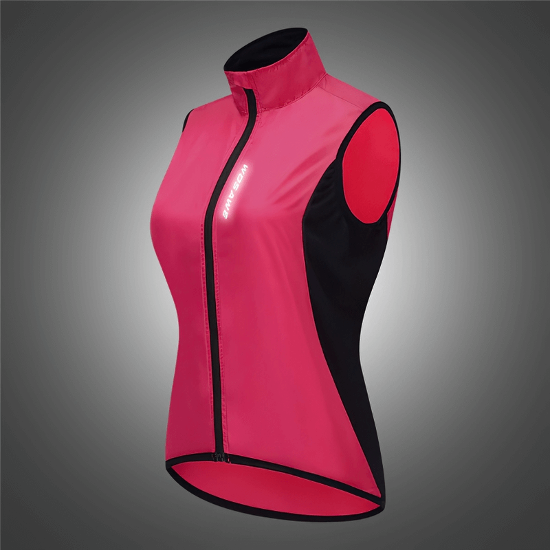 Women's windproof cycling vest in red with a reflective logo, breathable and durable. Ideal for safety and comfort on bike rides.