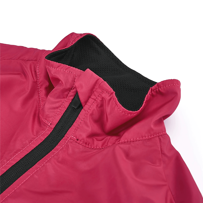 Women's red cycling windproof vest with black inner lining and zipper, featuring a reflective logo for increased visibility.
