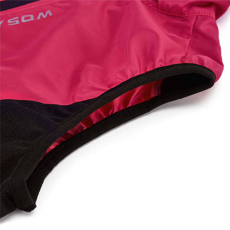 Close-up of women's windproof cycling vest in red, showing breathable material and reflective logo for visibility and comfort.