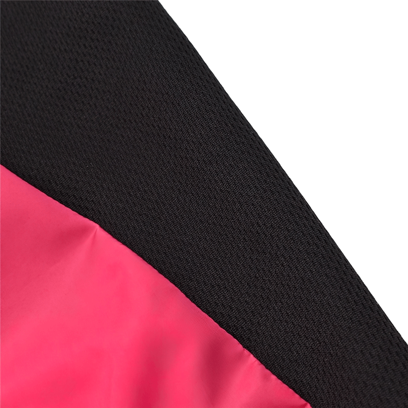 Close-up of women's cycling vest showing red polyester fabric, black broadcloth, and breathable texture for windproof performance.