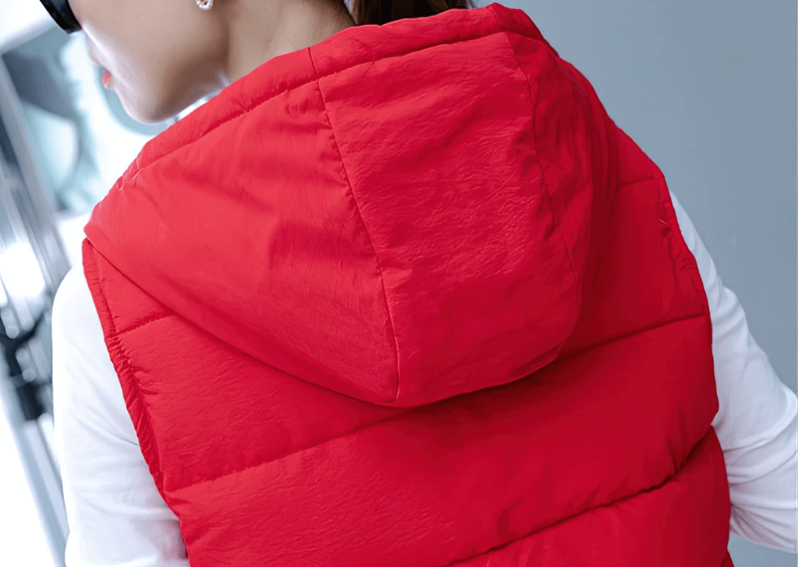 Woman wearing bright red down vest with hood, highlighting stylish design and cozy warmth for chilly days.