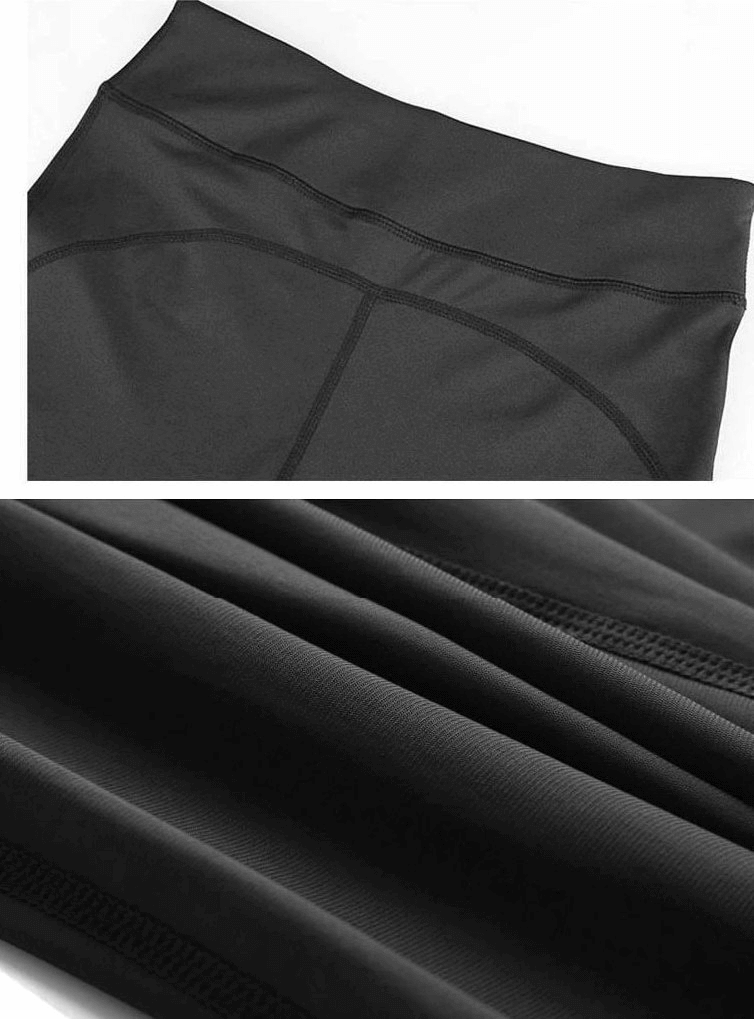Close-up of black women's high-waist elastic breathable leggings, showcasing material and design details, perfect for yoga.