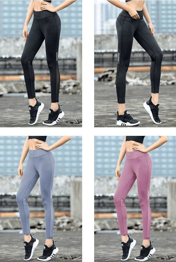 Set of women's elastic breathable leggings with high waist in various colors, perfect for yoga and fitness activities.