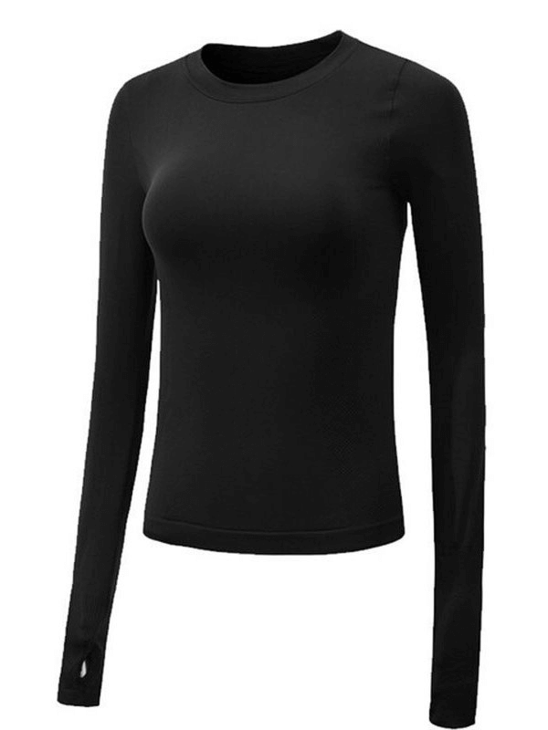 Black women's elongated slim sports top with long sleeves and finger holes made of breathable spandex. Perfect for workouts.