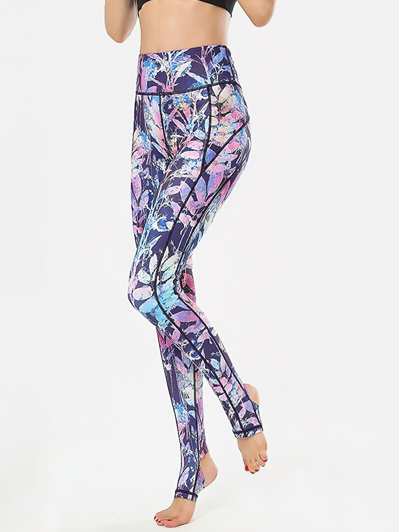 Woman wearing floral printed yoga leggings with open heels, showcasing breathable comfort and style for fitness activities, SF1184.