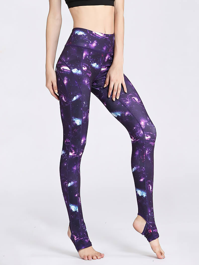 Stylish women's floral printed leggings with open heels in a vibrant design, perfect for yoga and fitness activities.