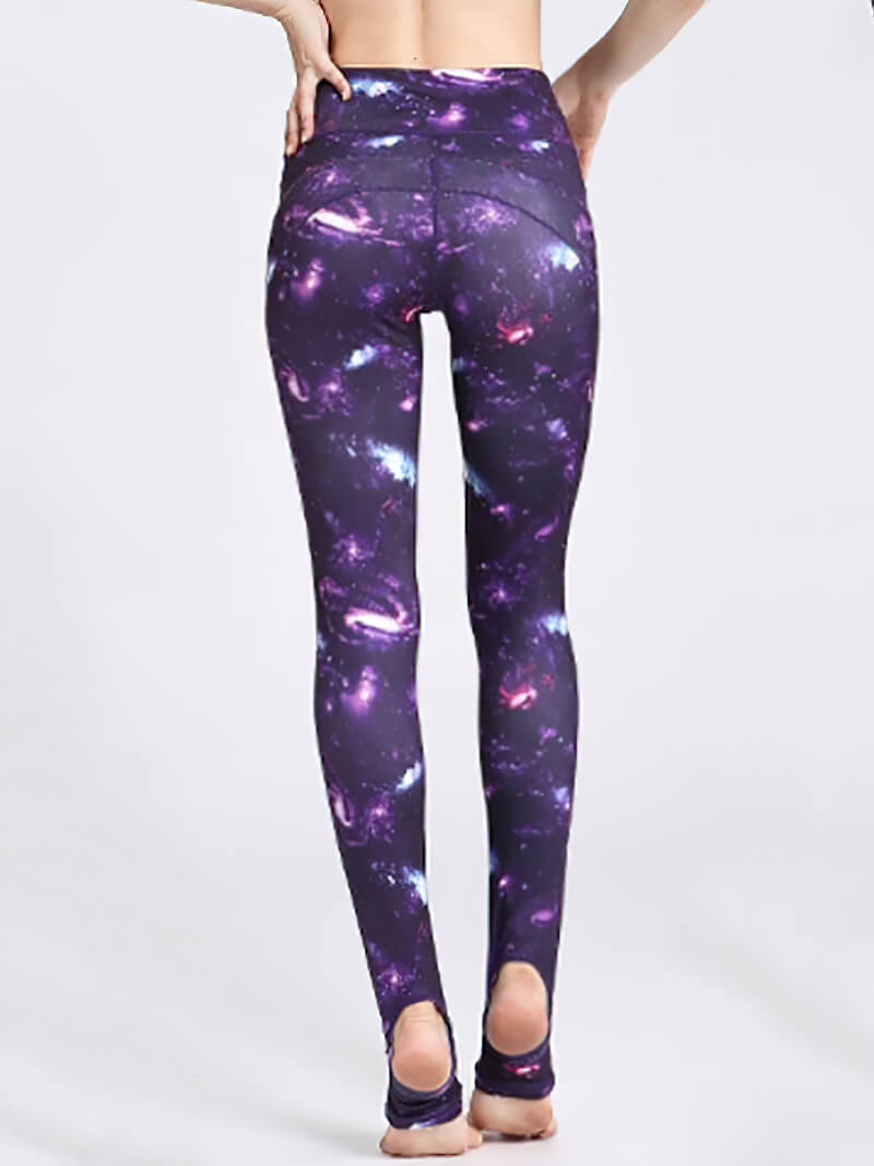 Women's floral printed leggings with open heels, ideal for yoga and fitness, featuring breathable nylon-spandex blend and slim fit.