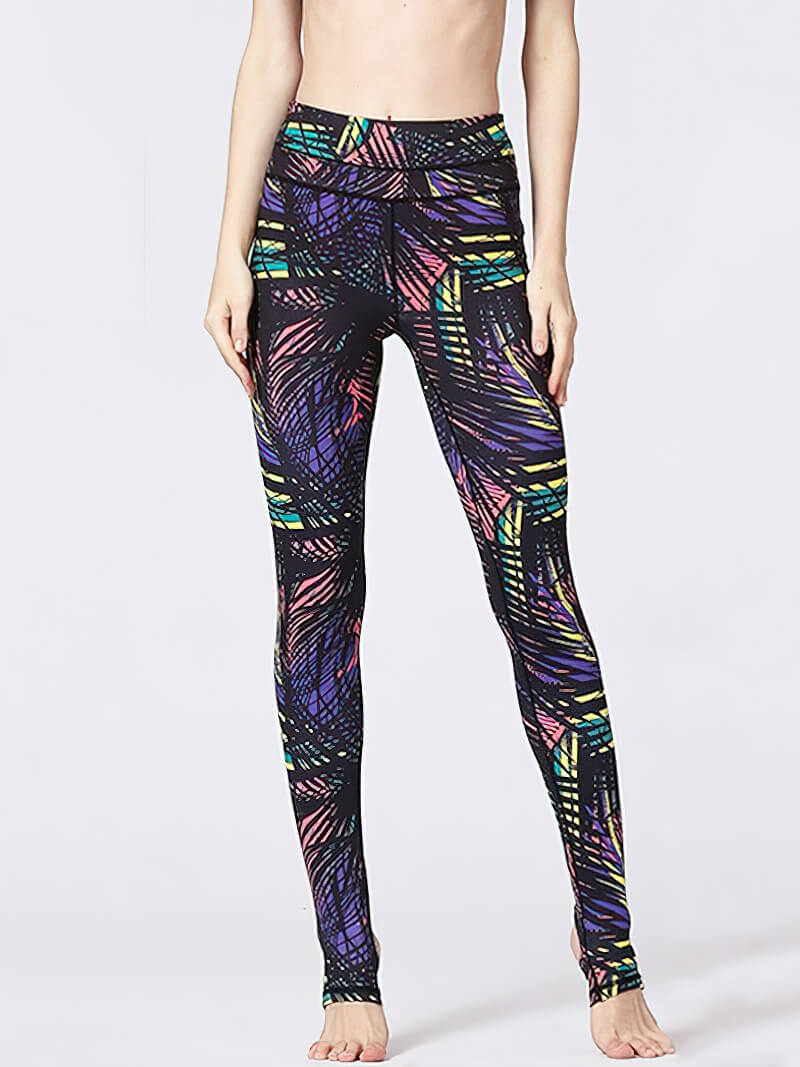 Women's floral printed leggings with open heels, ideal for yoga, featuring a vibrant design and slim fit for comfort and style.