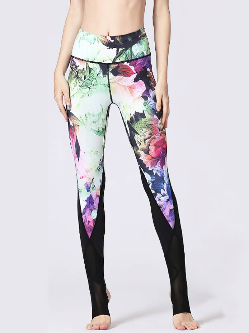 Women's floral printed yoga leggings with open heels, comfortable nylon-spandex blend, perfect for fitness and running.