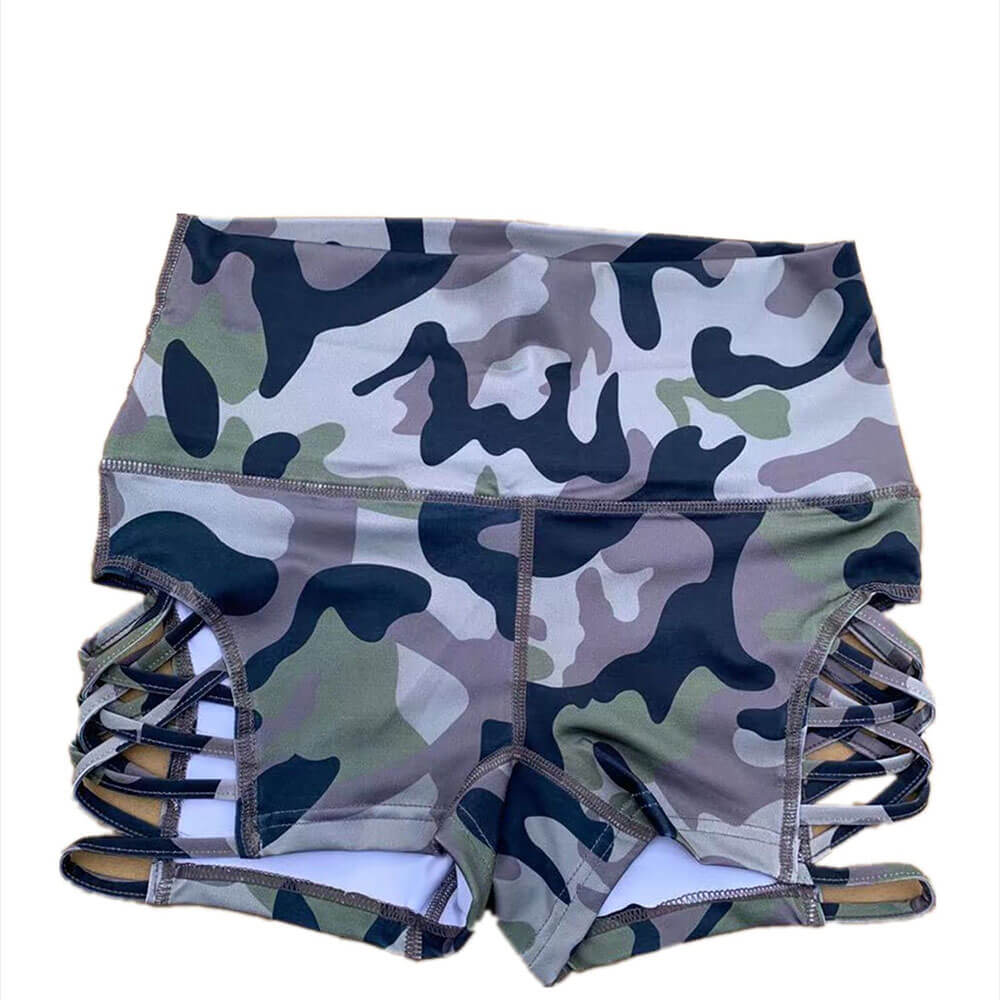 Women's camo high waist side cross hollow shorts for fitness, offering comfort and style, ideal for yoga and workouts - SF1248