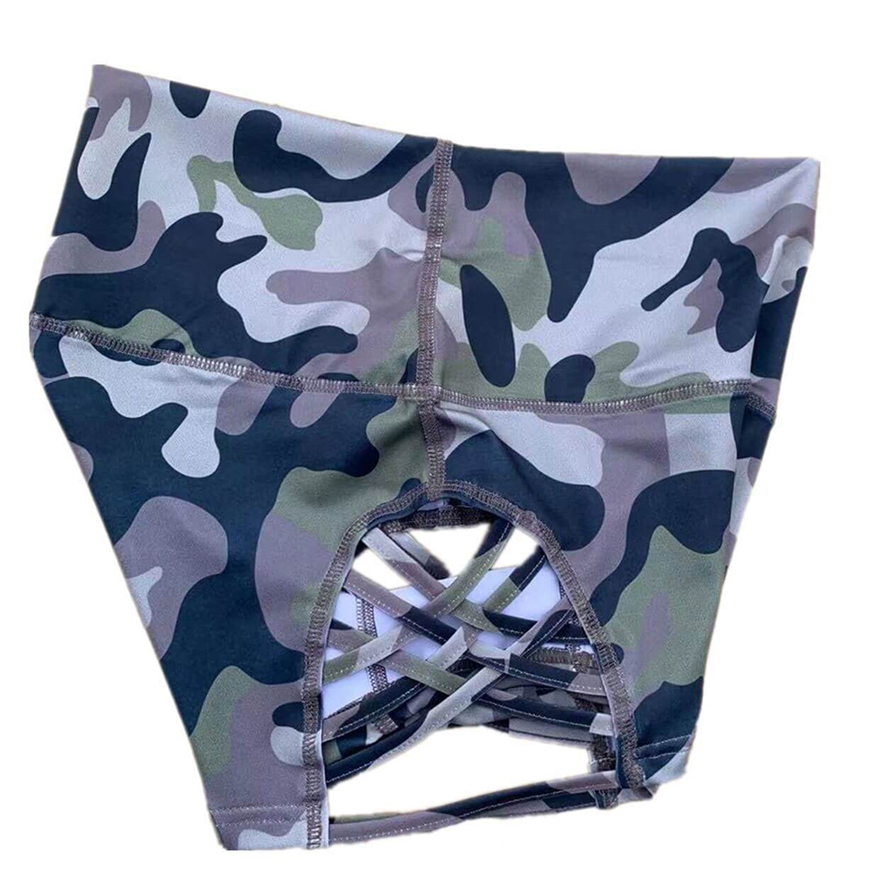 Women's high waist camo fitness shorts with side cross hollow design, made from nylon-spandex for breathable comfort.