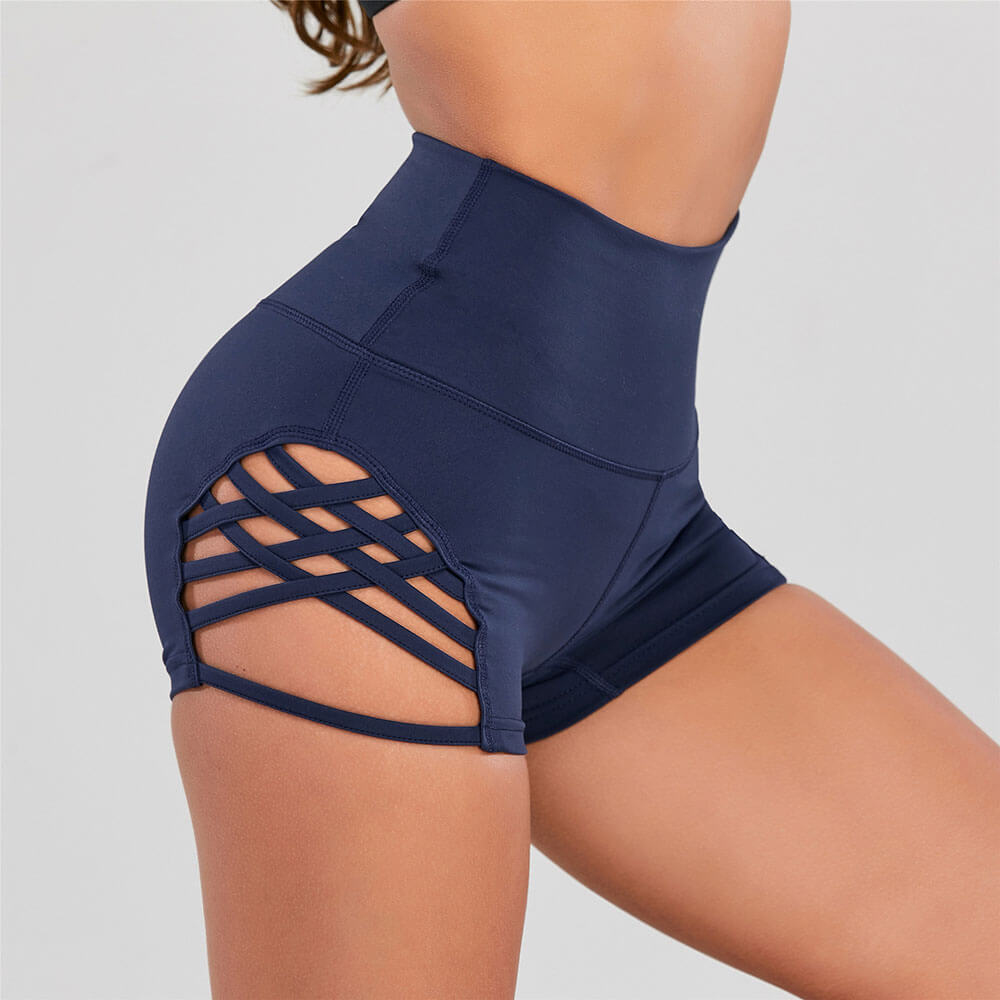 Women's high waist fitness shorts with side cross hollow design, SF1248, made from nylon-spandex blend, in navy color.