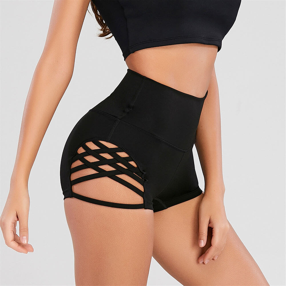 Women's high waist side cross hollow shorts for fitness in black, showcasing a stylish and breathable design for yoga and activities.