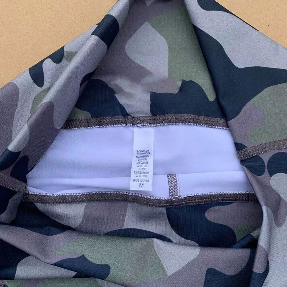 Camouflage design women's fitness shorts inside view showing craftsmanship and material quality.
