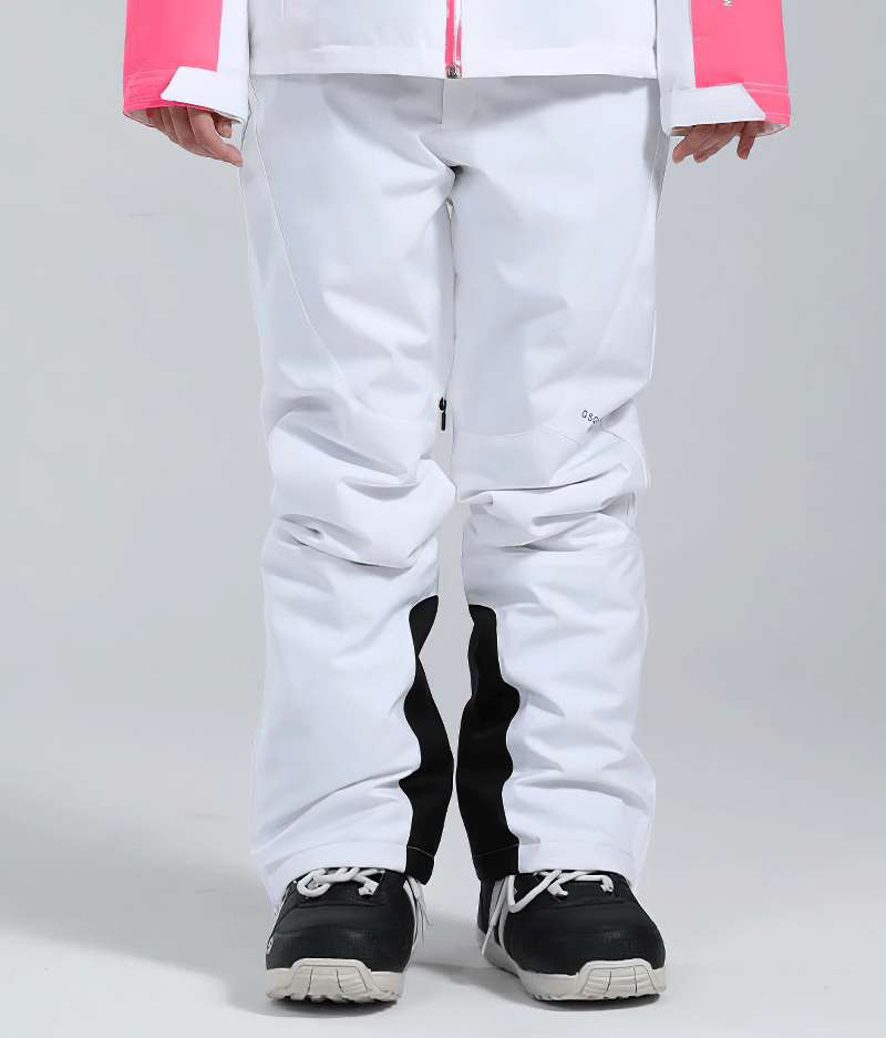 Women's high waist snow pants with waterproof zipper pockets in white, perfect for skiing and winter sports, SF0694 design.