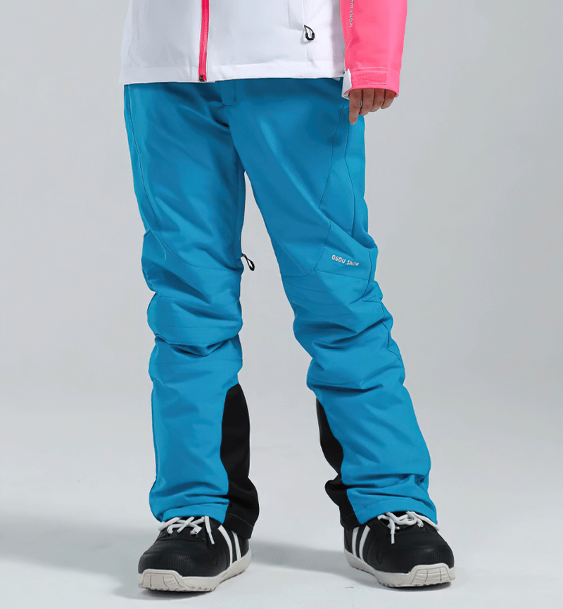 Women's high waist blue snow pants with waterproof zipper pockets, durable Oxford fabric, ideal for winter sports like skiing.