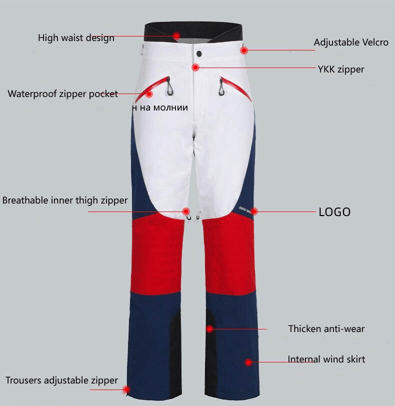 Women's high waist snow pants with waterproof zipper pockets, anti-wear fabric, breathable thigh, adjustable Velcro, and wind skirt.
