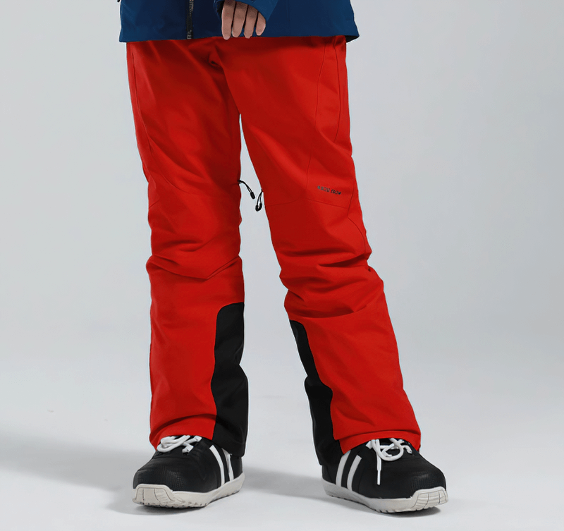 Women's high waist red snow pants with waterproof zipper pockets, perfect for skiing, durable Oxford fabric, zipper closure.