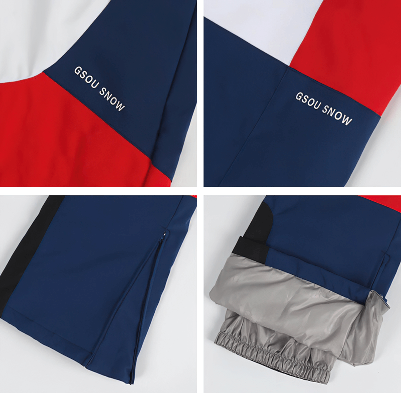 Women's High Waist Snow Pants with waterproof zipper pockets, durable Oxford fabric, and elastic cuffs in red, blue, and white.