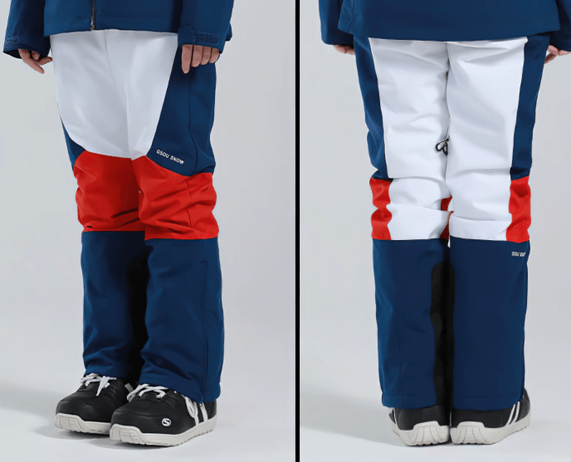 Front and back view of Women's High Waist Snow Pants in red, white, and blue with waterproof zipper pockets, ideal for winter sports.