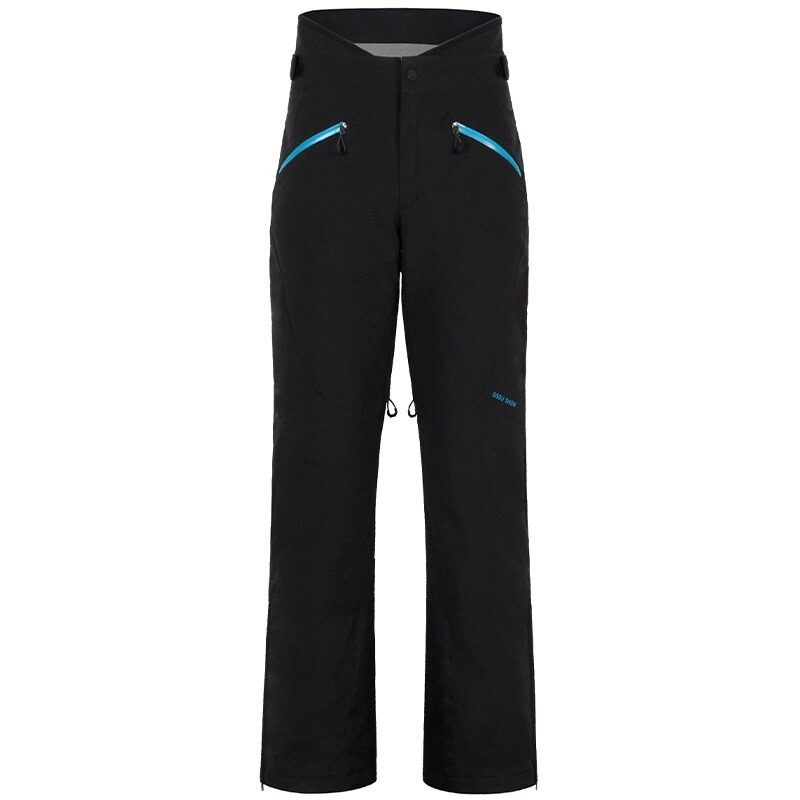 Women's black high waist snow pants with blue waterproof zipper pockets, designed for winter sports. Product code: SF0694