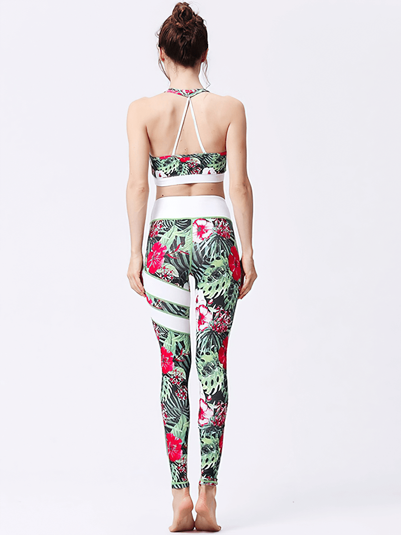Woman wearing high waist sports leggings with colorful flower prints, perfect for yoga, running, or dancing. Style SF1108.