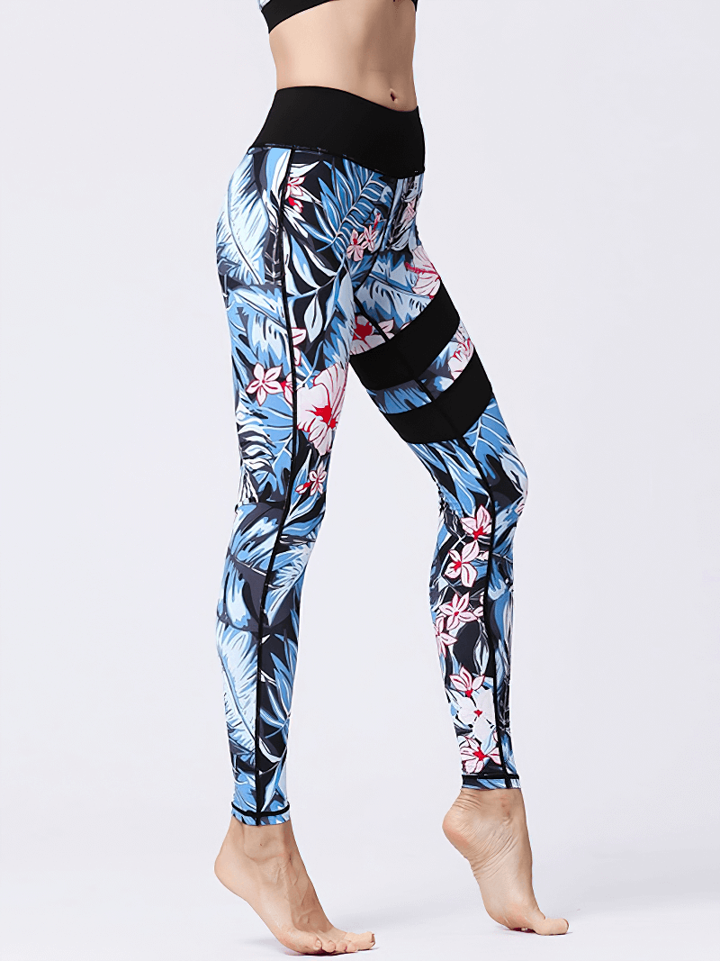 Women's high-waist floral leggings in blue and black, perfect for yoga, running, and fitness. Features a slim fit and elastic waist.